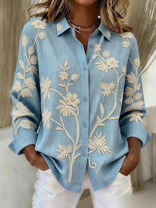 Women's Plants And Flowers Buttoned And Laced Linen Blend Shirt