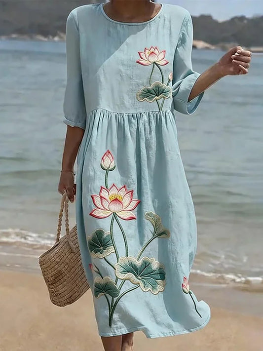 Women's Floral Pattern Linen Blend Dress