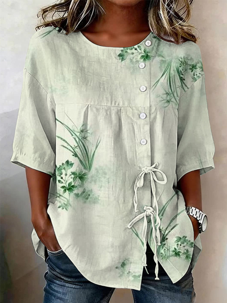 Women's Plants And Flowers Buttoned And Linen Blend Shirt