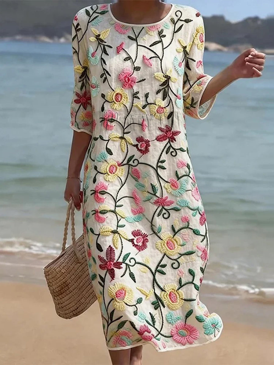 Women's Floral Pattern Linen Blend Dress