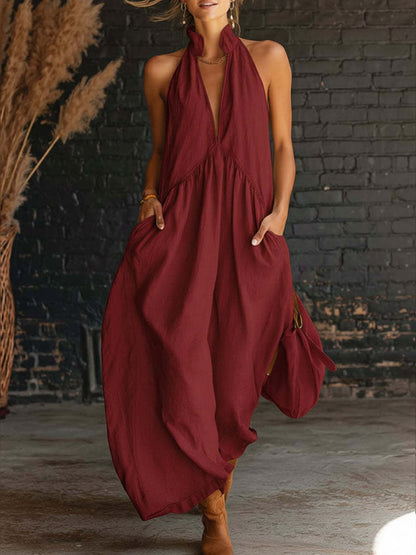 Women's sleeveless stand-up collar solid color long cotton linen boho dress