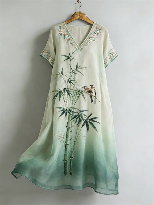 Women's Classy Japanese Landscape Art Linen Dress
