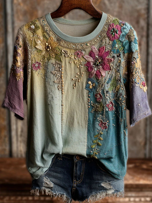 Women's Vintage Floral Art Print Casual Short Sleeve T-shirt