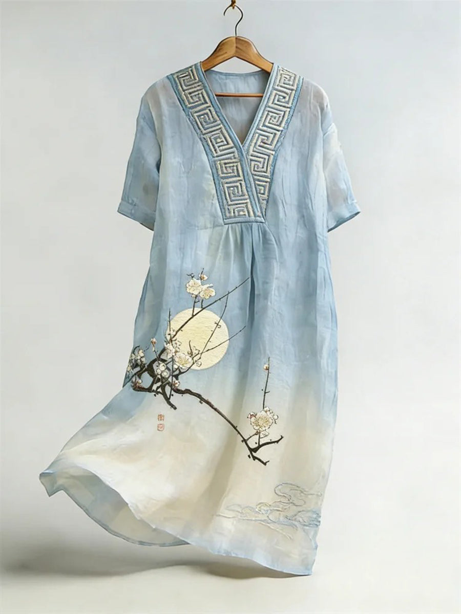 Women's Classy Japanese Landscape Art Linen Dress