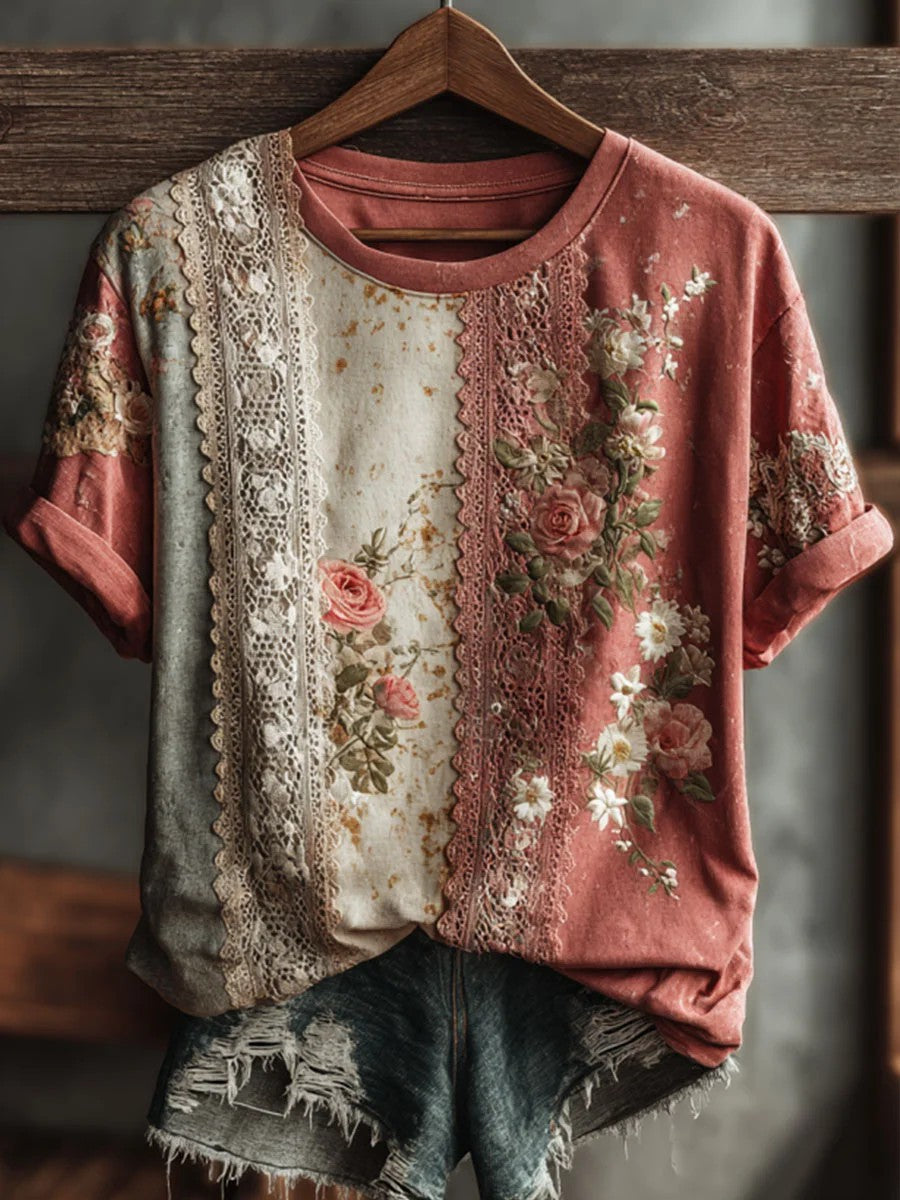 Women's Vintage Floral Art Print Casual Short Sleeve T-shirt