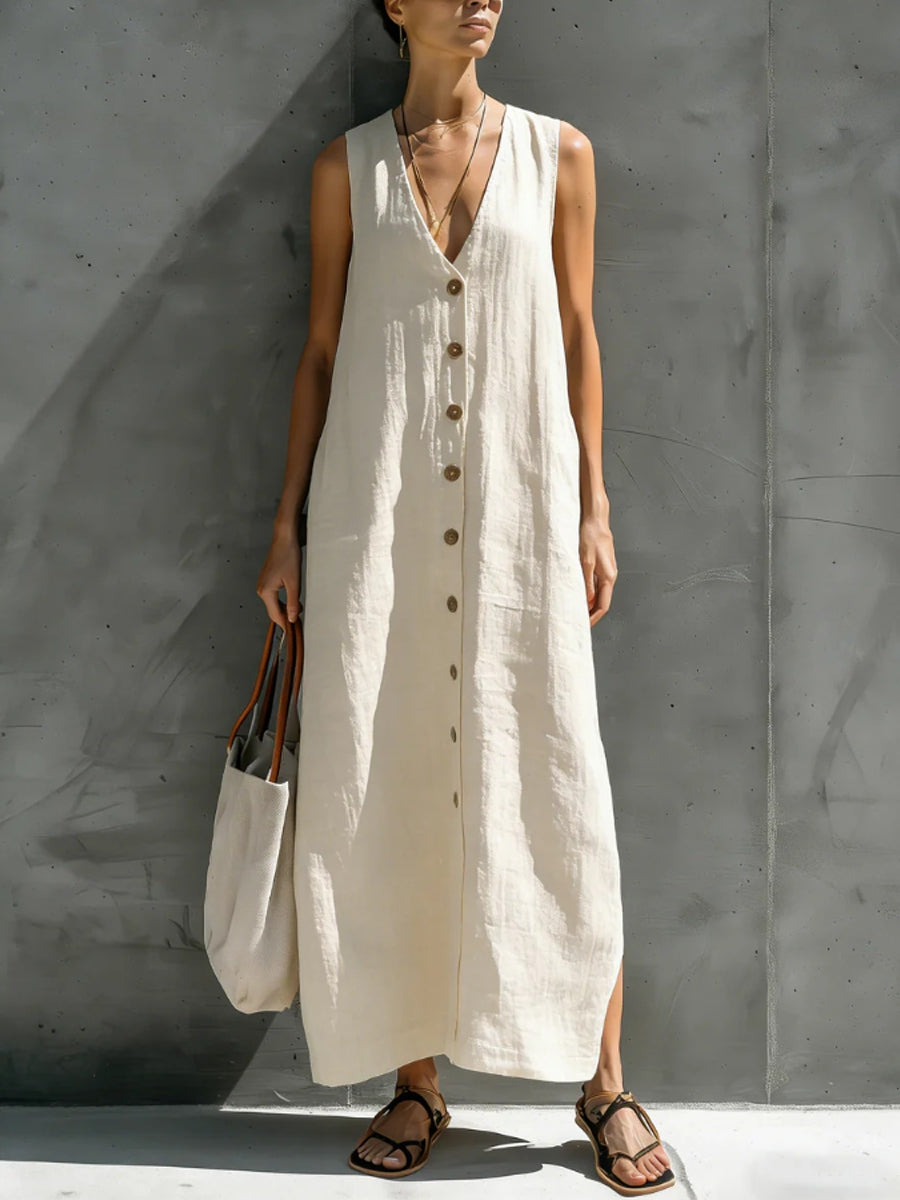 Women's cotton linen V-neck button sleeveless loose long dress