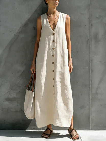 Women's cotton linen V-neck button sleeveless loose long dress