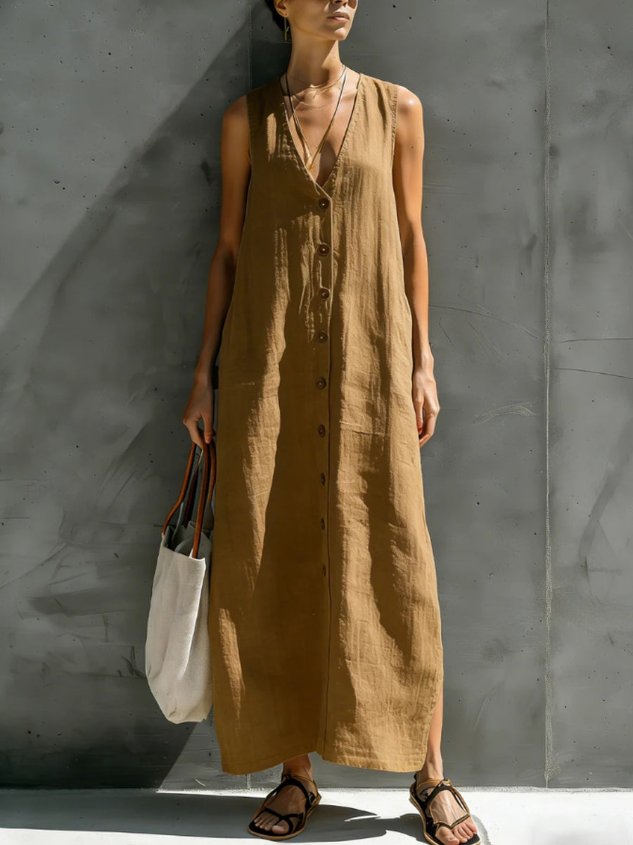 Women's cotton linen V-neck button sleeveless loose long dress