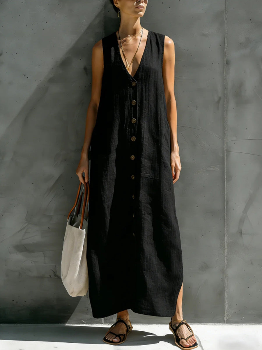 Women's cotton linen V-neck button sleeveless loose long dress