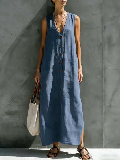 Women's cotton linen V-neck button sleeveless loose long dress