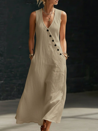 Women's V-neck button-down cotton linen sleeveless vest dress