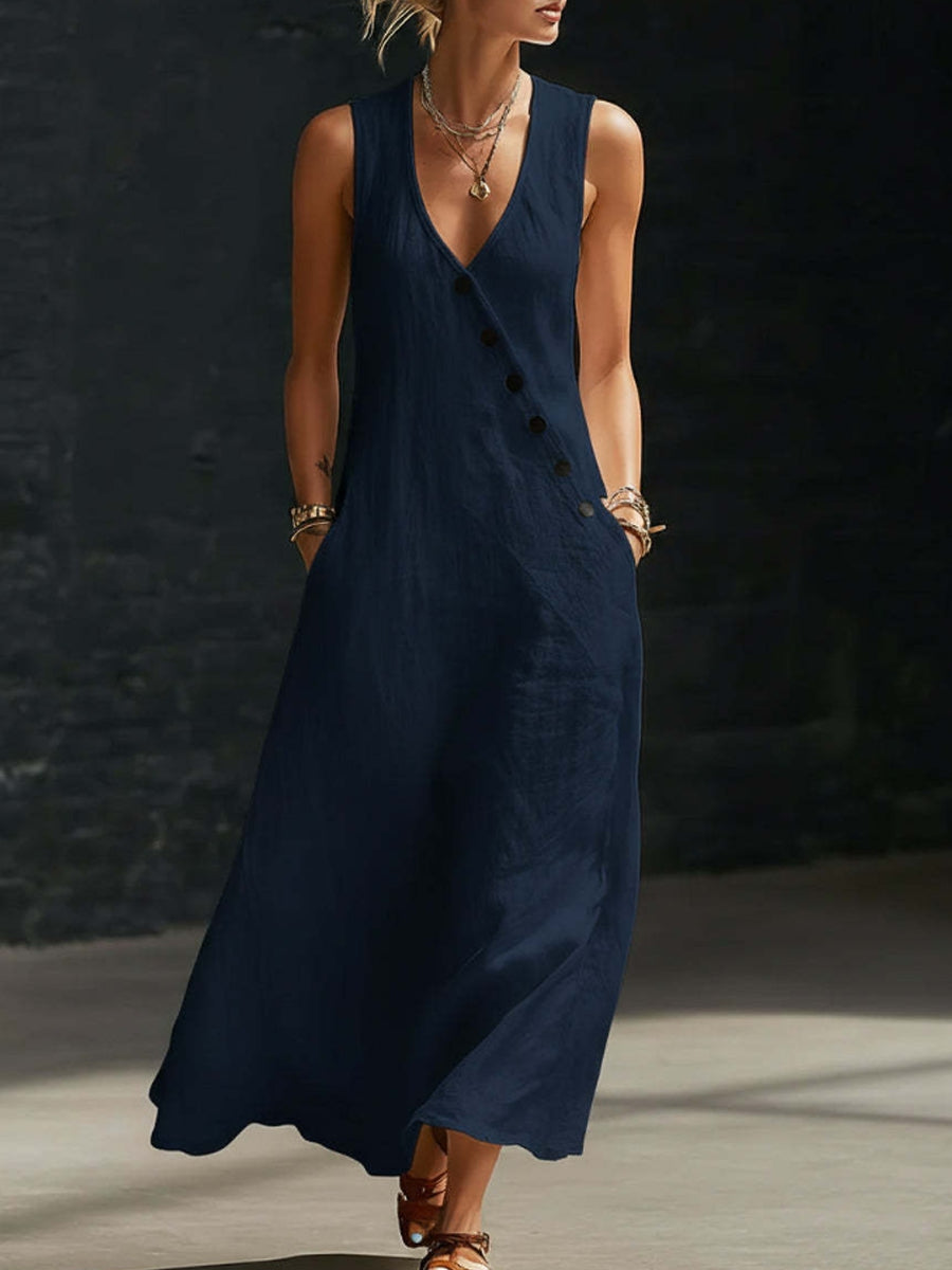 Women's V-neck button-down cotton linen sleeveless vest dress