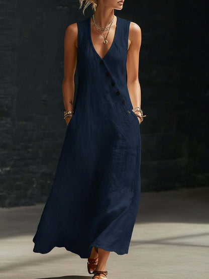 Women's V-neck button-down cotton linen sleeveless vest dress