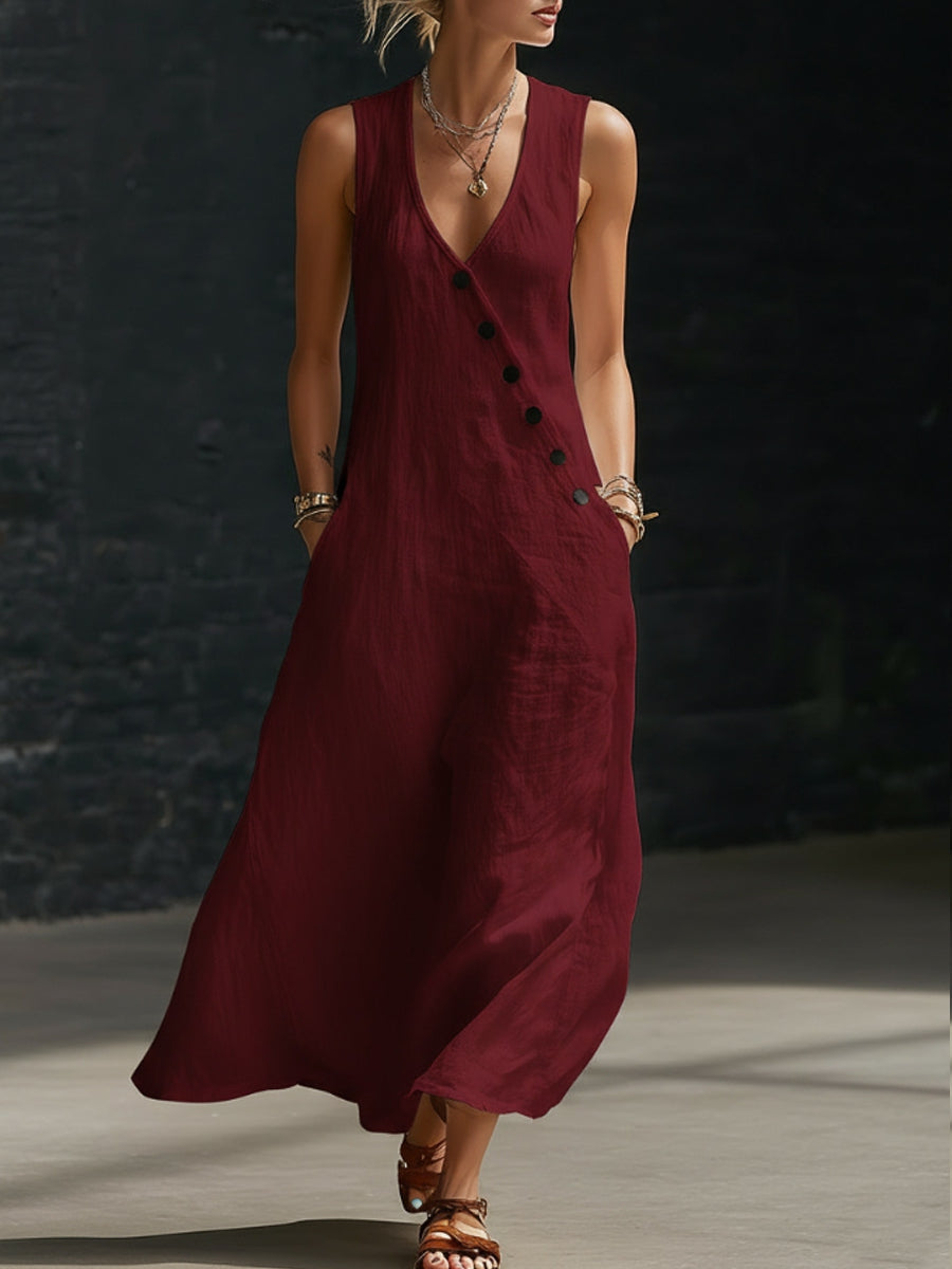 Women's V-neck button-down cotton linen sleeveless vest dress