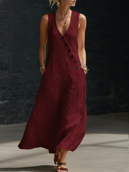 Women's V-neck button-down cotton linen sleeveless vest dress