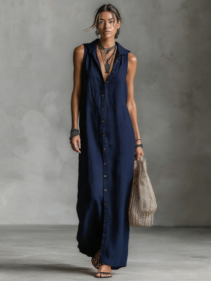 Women's casual loose sleeveless single-breasted cotton linen hooded dress