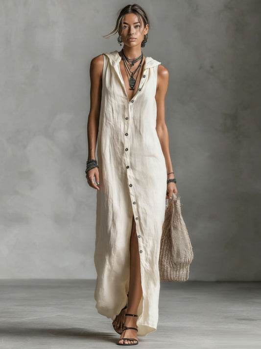 Women's casual loose sleeveless single-breasted cotton linen hooded dress