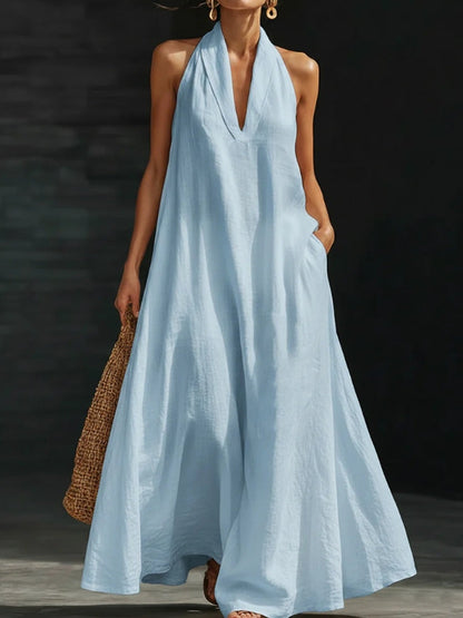 Women's solid color V-neck cotton linen dress