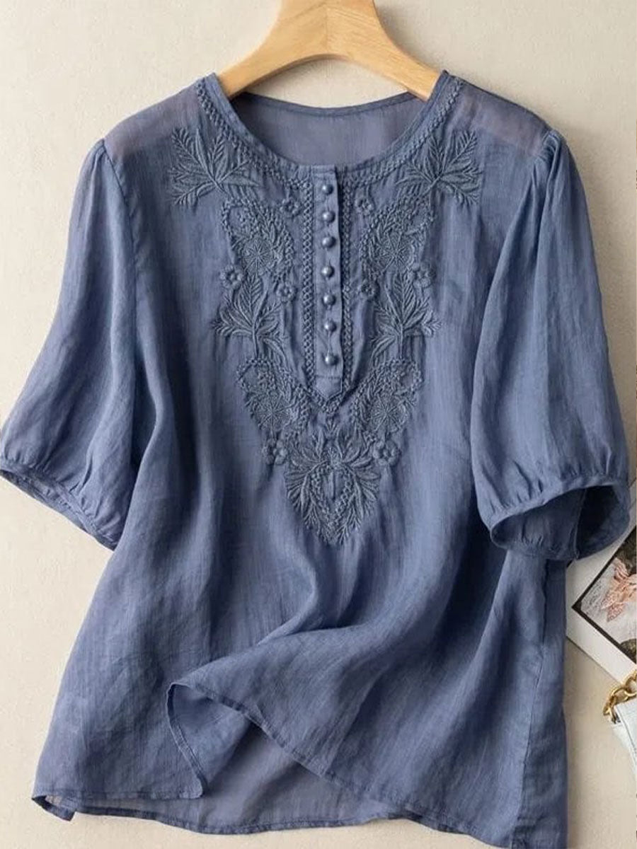 Women's Floral Cotton and Linen T-Shirt