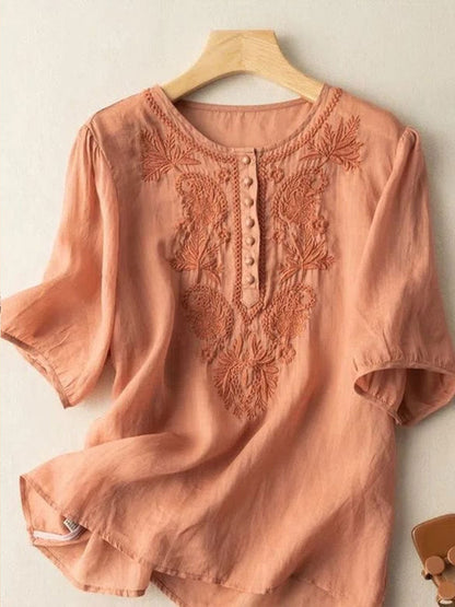 Women's Floral Cotton and Linen T-Shirt