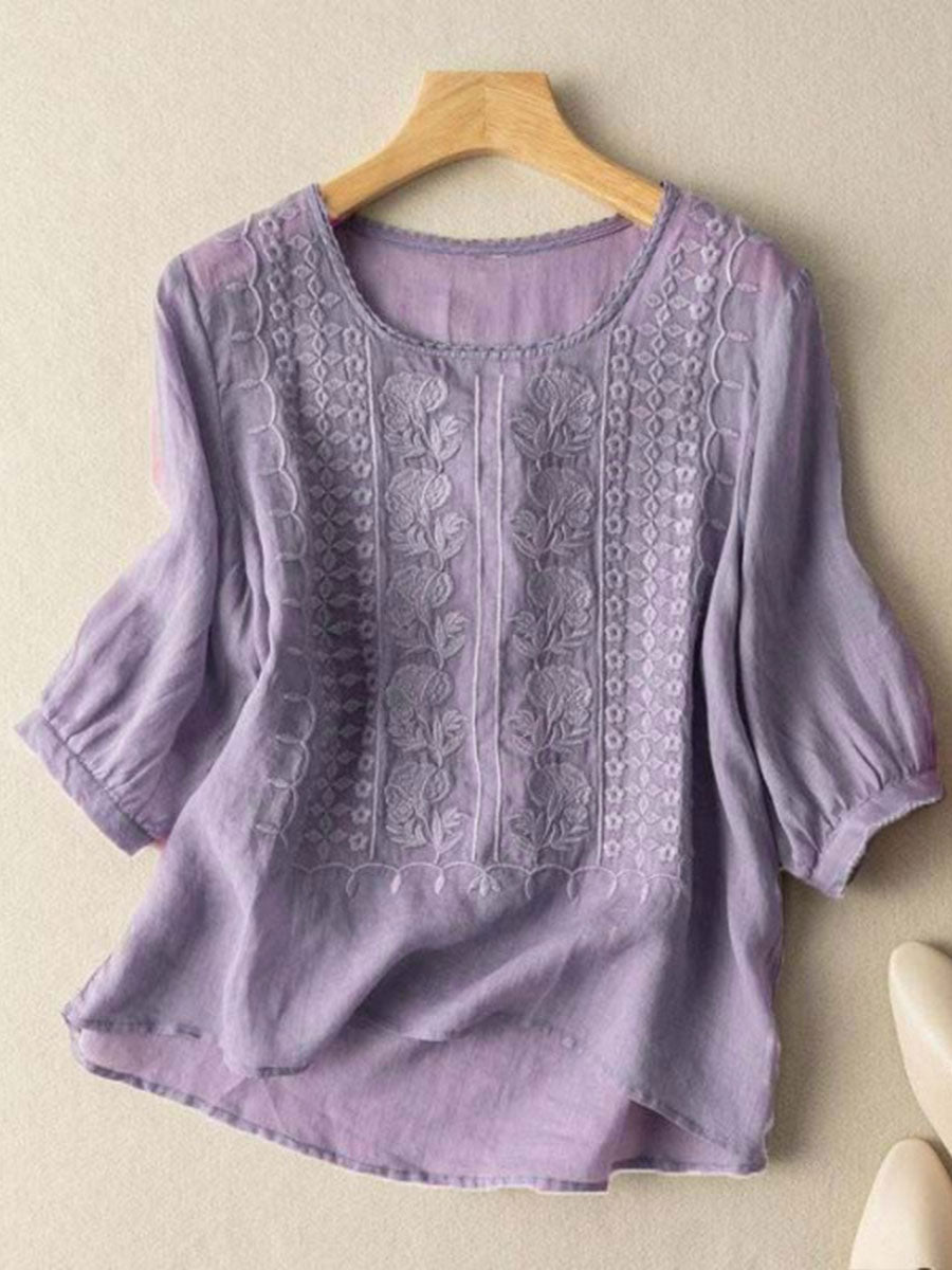 Women's Floral Cotton-Linen Casual T-Shirt