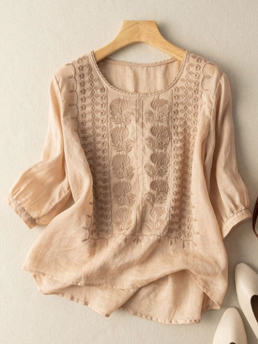 Women's Floral Cotton-Linen Casual T-Shirt