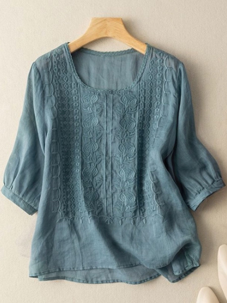 Women's Floral Cotton-Linen Casual T-Shirt