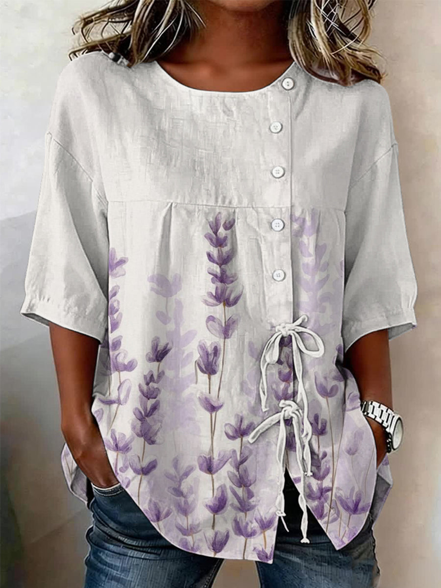 Women's Plants And Flowers Buttoned And Linen Blend Shirt