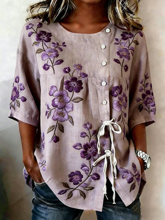 Women's Floral Buttoned Linen Blend Shirt