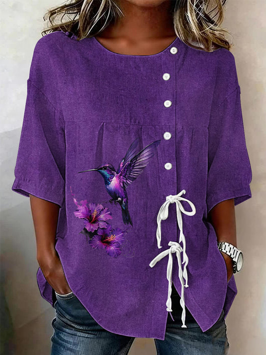 Women's Plants And Flowers Buttoned And Linen Blend Shirt