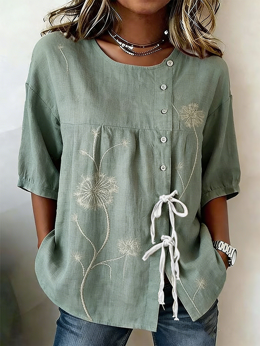 Women's Plant And Flower Buttoned And Laced Linen Blend Shirt