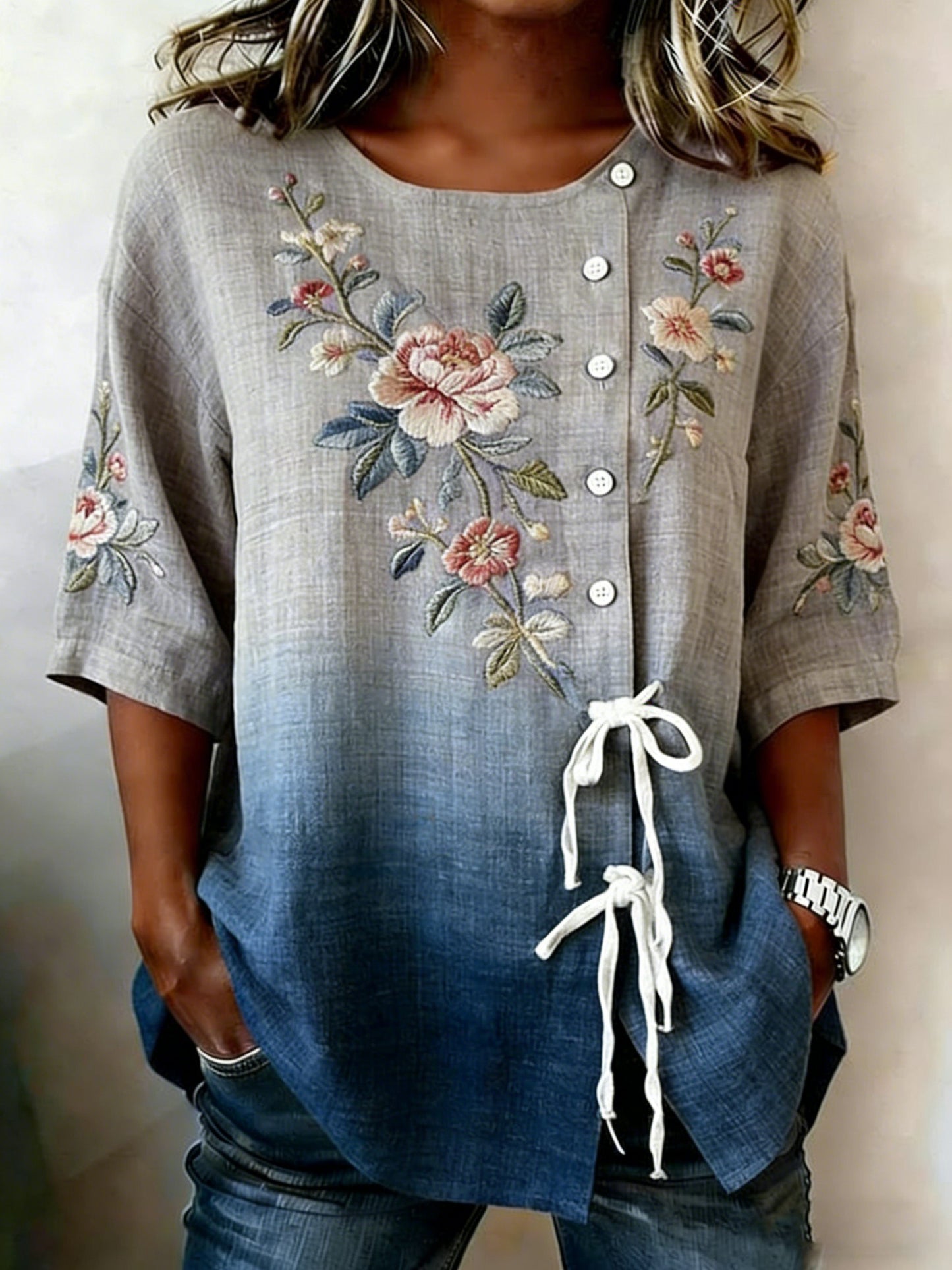 Women's Floral Buttoned Linen Blend Shirt