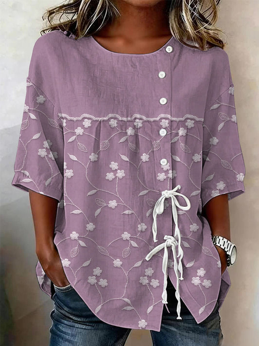 Women's Plants And Flowers Buttoned And Linen Blend Shirt
