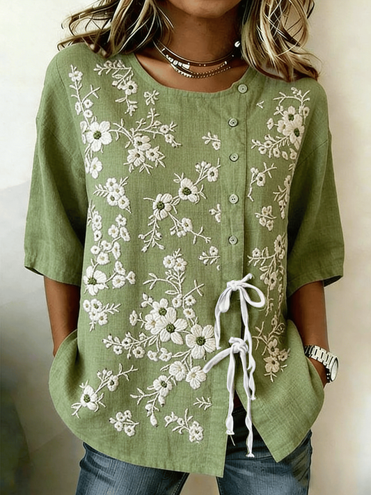 Women's Plant And Flower Buttoned And Laced Cotton And Linen Shirt
