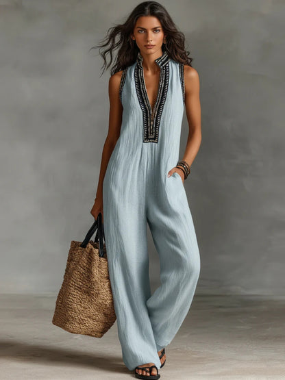 Women's solid color linen sleeveless jumpsuit