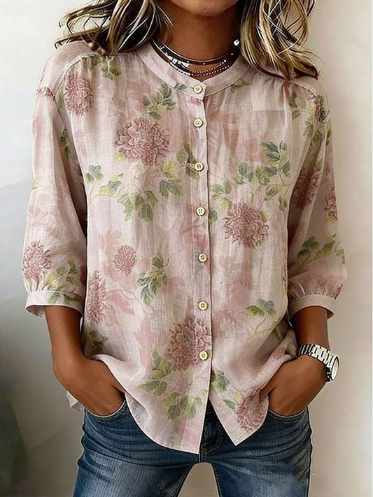 Women's Floral Cotton-Linen Casual Shirt