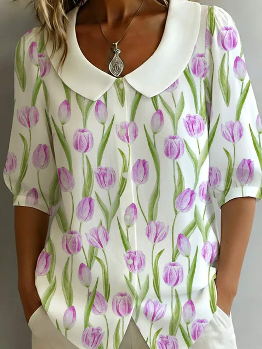 Women's Floral Mid-sleeve Doll-collar Cotton-linen Shirt