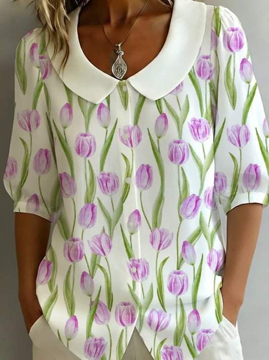 Women's Floral Mid-sleeve Doll-collar Cotton-linen Shirt