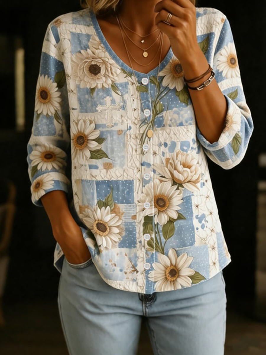 Women's Cross Floral Cotton-Linen V-Neck Button-Up Shirt