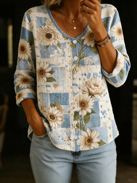Women's Cross Floral Cotton-Linen V-Neck Button-Up Shirt