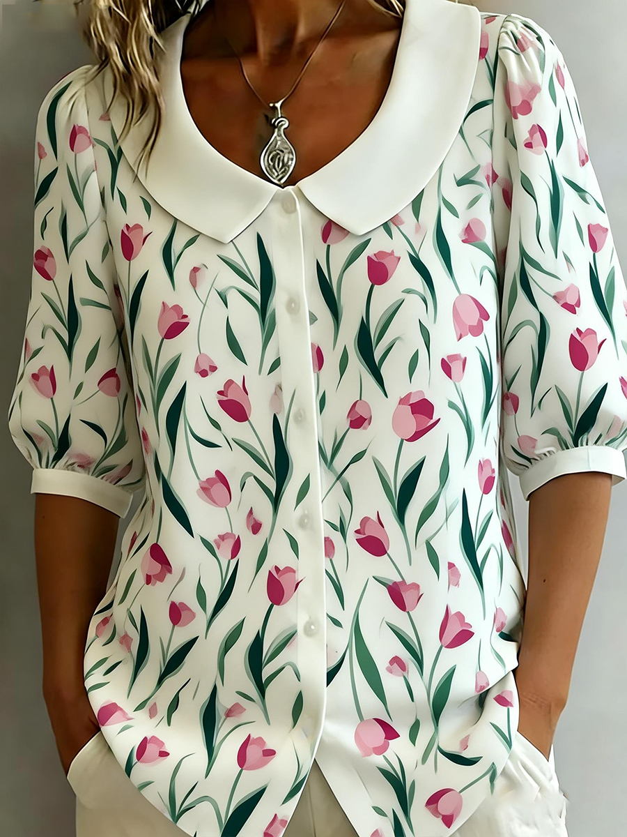 Women's Floral Mid-sleeve Doll-collar Cotton-linen Shirt