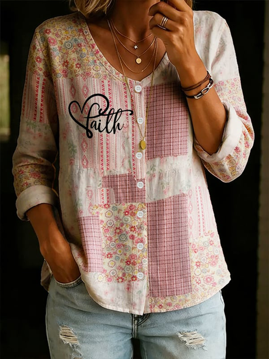 Women's Faith Floral Cotton-Linen V-Neck Button-Up Shirt
