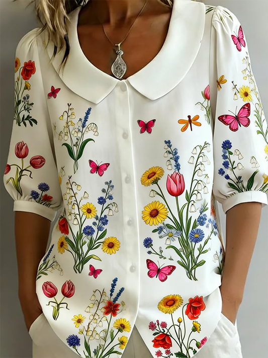 Women's Floral Mid-sleeve Doll-collar Cotton-linen Shirt