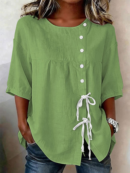 Women's Cotton And Linen Button-tie Shirt