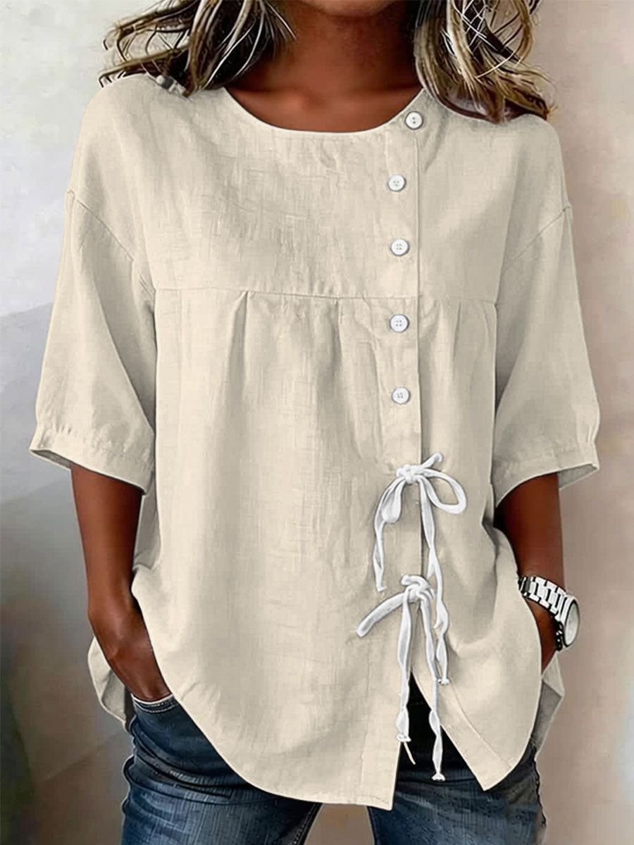 Women's Cotton And Linen Button-tie Shirt