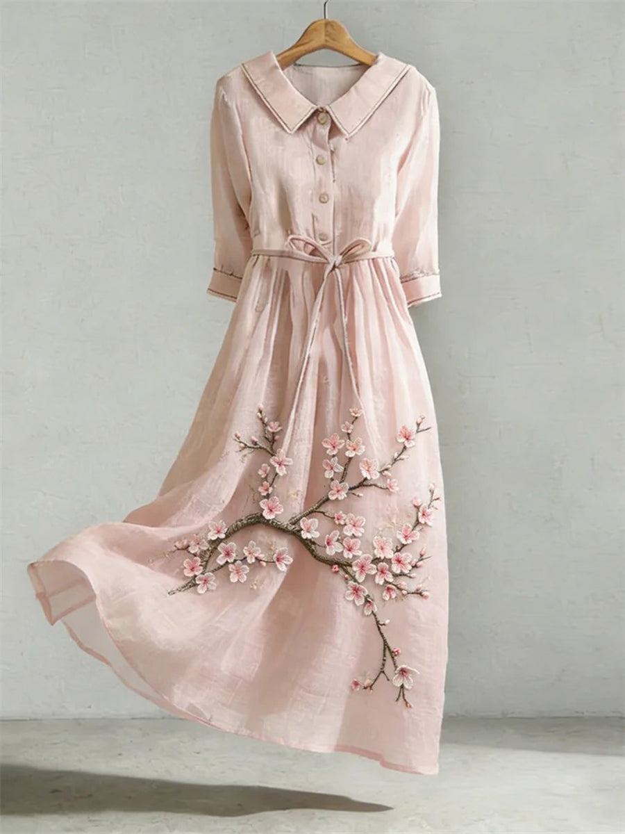 Women's Classy Cherry Blossom Pattern Linen Blend Dress