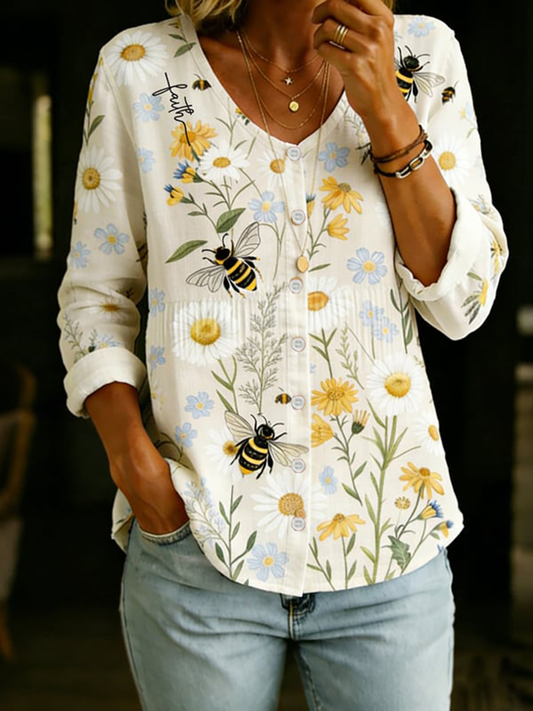 Women's Faith Floral Cotton-Linen V-Neck Button-Up Shirt