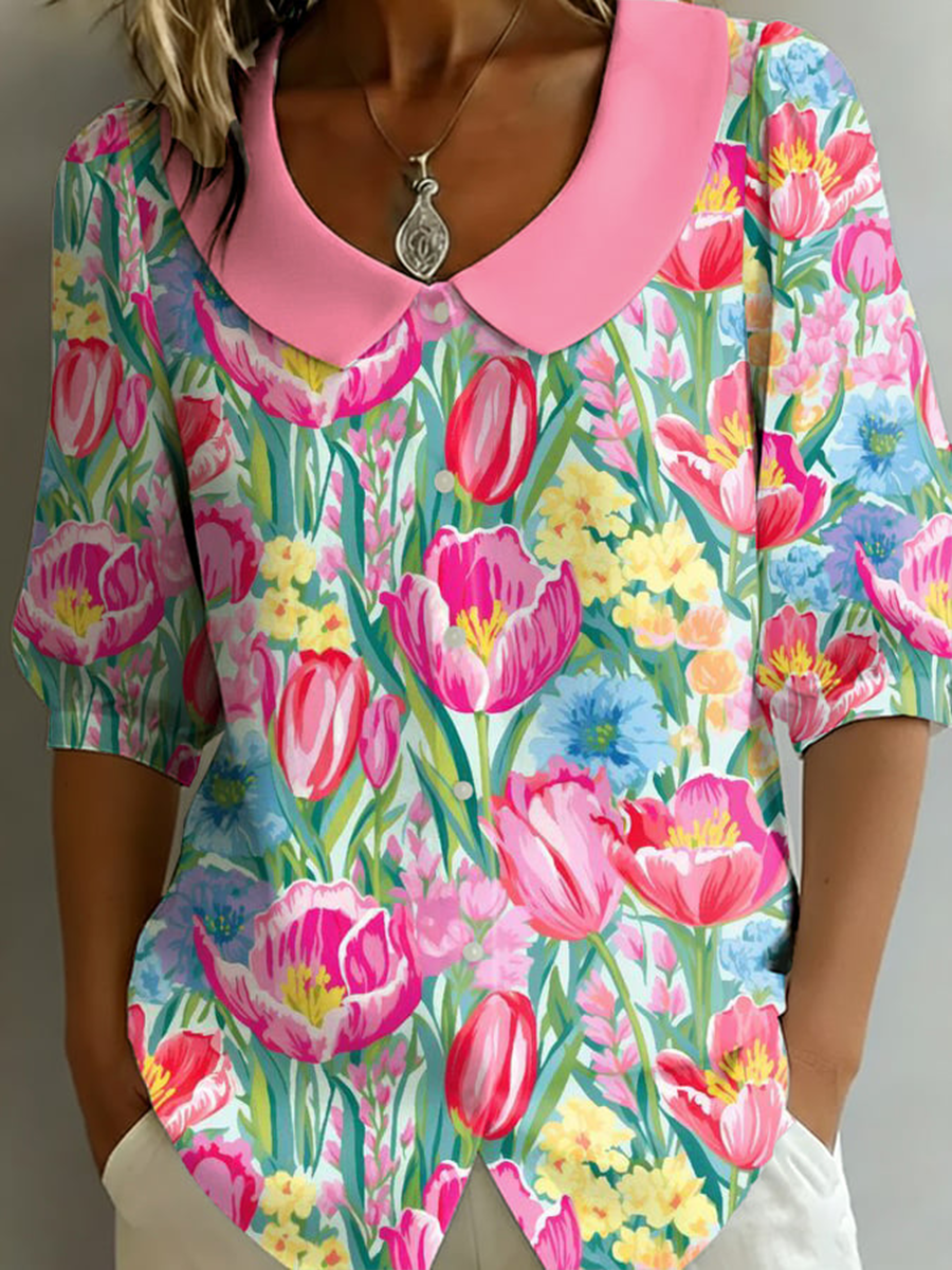 Women's Floral Mid-sleeve Doll-collar Cotton-linen Shirt