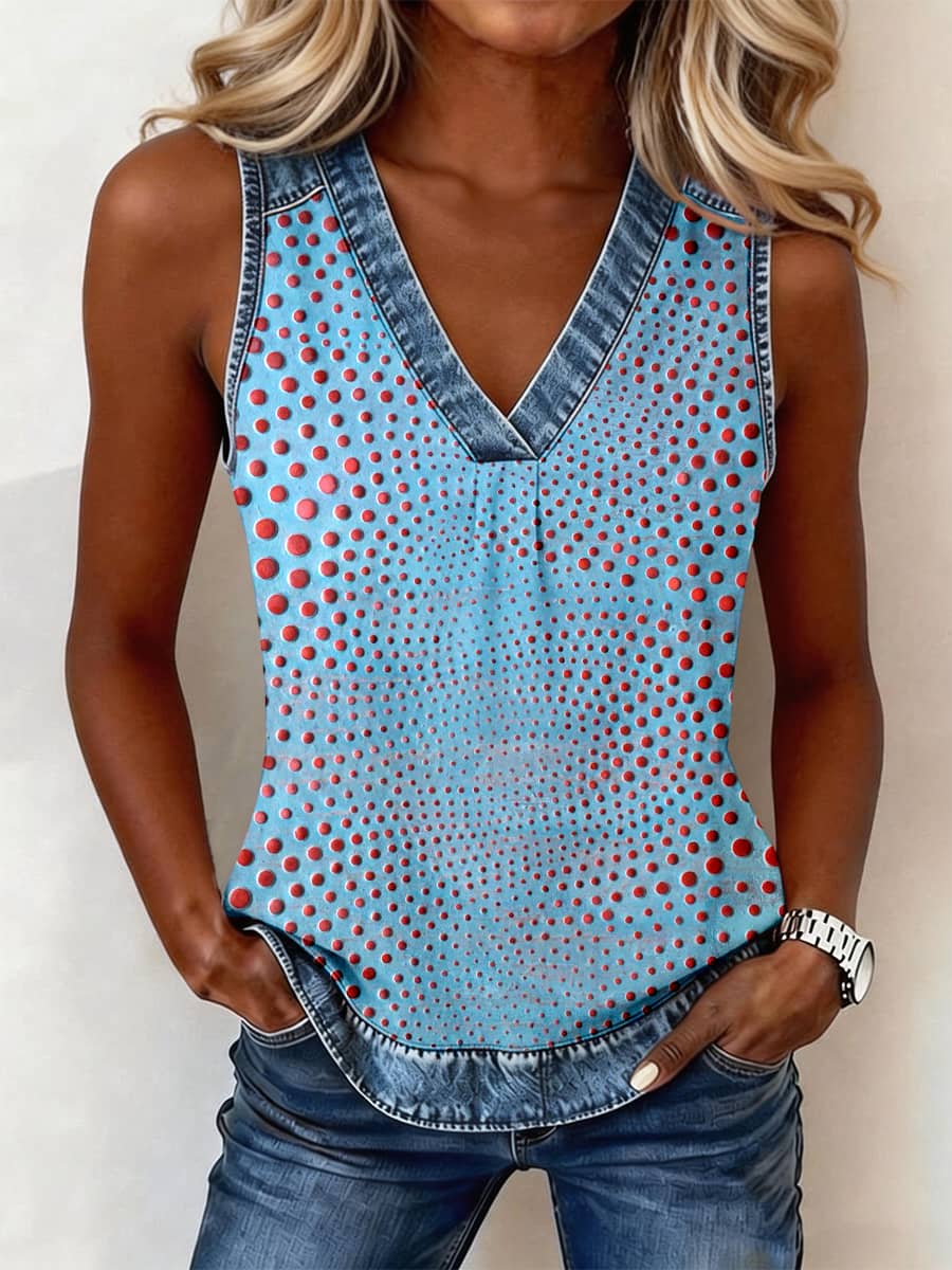 Women's Abstract Art Polka Dot Print Denim Patchwork Top
