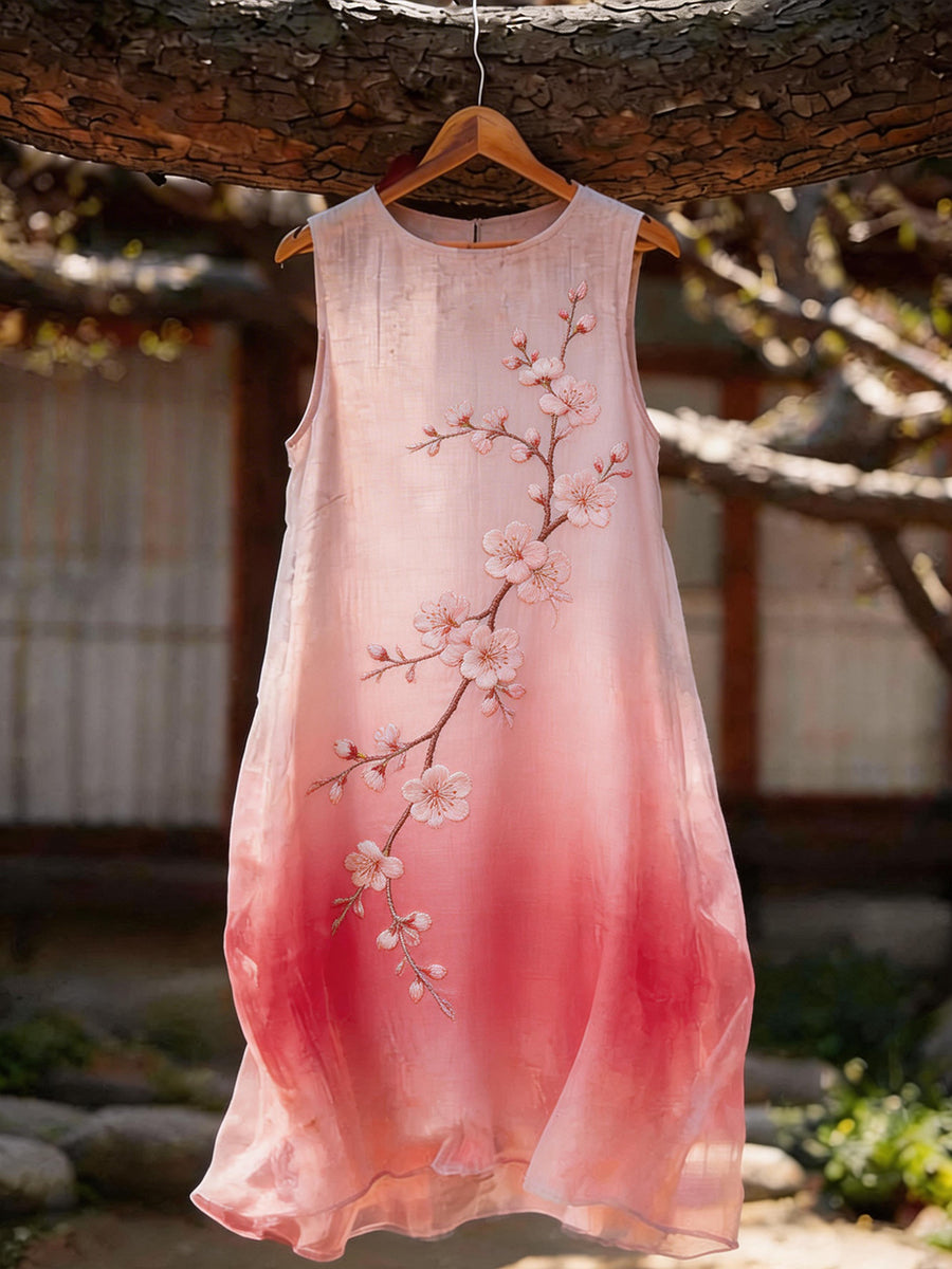 Women's Classy Cherry Blossom Embroidery Pattern Flowy Dress
